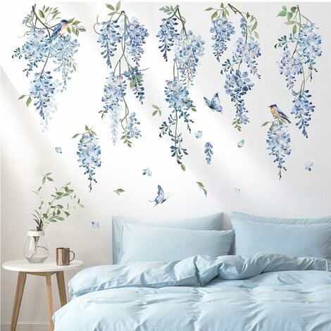 Stickers Muraux Fleurs Bleues Pendaison Vigne Autocollant Mural Floral  Vigne Plantes Glycine Décoration Murale Chambre Salon