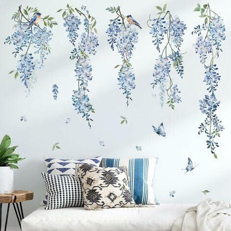 Stickers Muraux Fleurs Bleues Pendaison Vigne Autocollant Mural Floral Vigne  Plantes Glycine Décoration Murale Chambre Salon