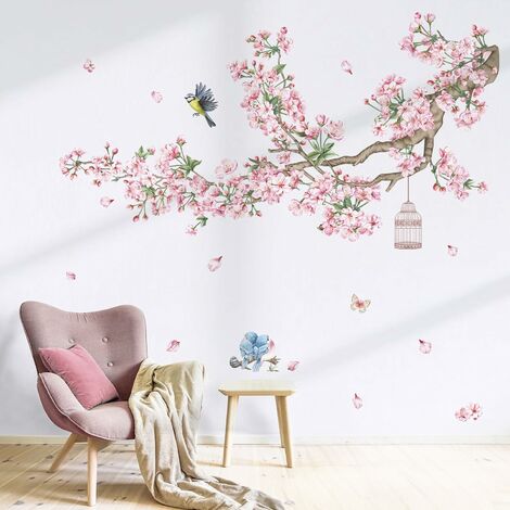 Stickers Muraux Arbre de Fleurs Blanc Autocollant Mural Oiseaux et Branche  Décoration Murale Chambre Salon Mur TV,Multicolore,4,7 x 4,9 x 32,29 cm