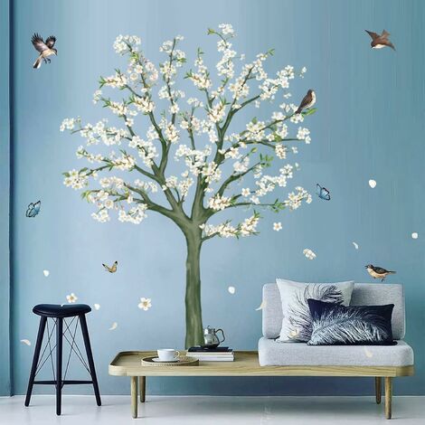 Stickers Muraux Arbre de Fleurs Blanc Autocollant Mural Oiseaux et Branche  Décoration Murale Chambre Salon Mur TV,Multicolore,4,7 x 4,9 x 32,29 cm