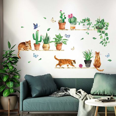 Stickers chat. Décoration murale chat et papillon. Autocollant chat.