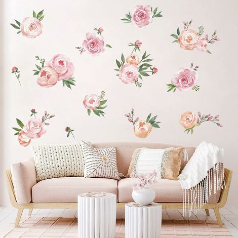 Stickers Muraux Fleurs Pivoine Autocollant Mural Floral Rose Papillon  Décoration Murale Fille Chambre Salon,A,32 x 21,8 x 0,8 cm