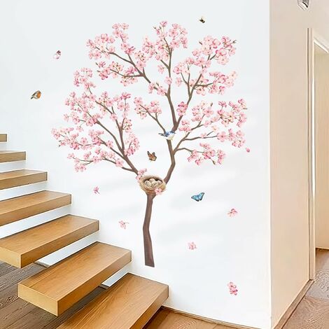 Stickers Muraux Fleurs de Cerisier Rose Arbre Autocollant Murale Oiseaux et  Branche Décoration Murale Chambre à Coucher Salon Cuisine