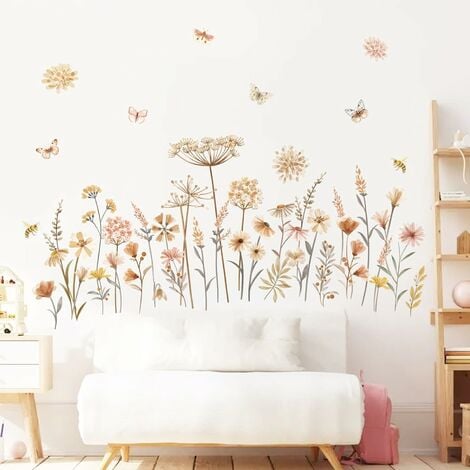 Stickers Muraux Fleur De Jardin Boho Autocollant Mural Fleur Sauvage Pissenlit Papillon