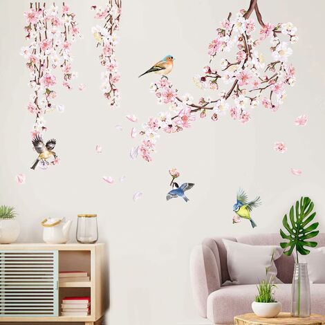 Stickers Muraux Fleurs de Cerisier Rose Autocollant Mural Floral Branche  Vigne Oiseaux Décoration Murale Chambre Salon Fenetre,A,32 x 21,79 x 0,71 cm