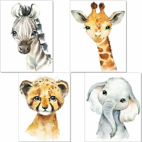 Little Baby Lot de 4 impressions aquarelle animaux safari pour chambre denfant sans cadre option 1 20,3 x 25,4 cm