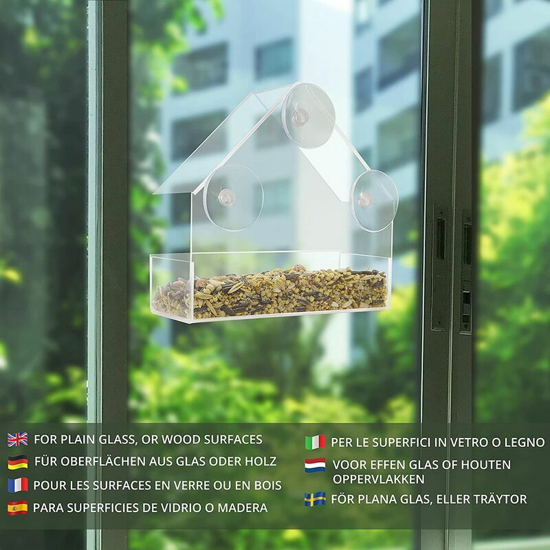 Relaxdays Mangeoire à oiseaux fenêtre, 3 ventouses, Distributeur de  graines, Nichoir, HLP : 15 x 15 x 7 cm, transparent