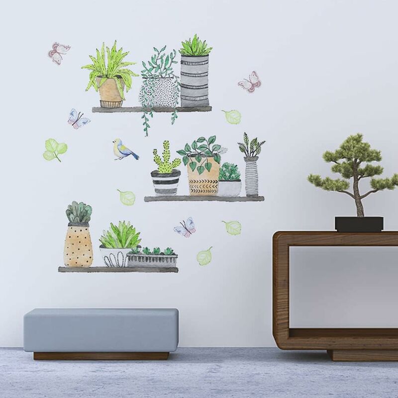 Feuille verte bonsaï plantes fleur en pot Stickers muraux autocollants  décoratifs décor de maison cuisine fenêtre