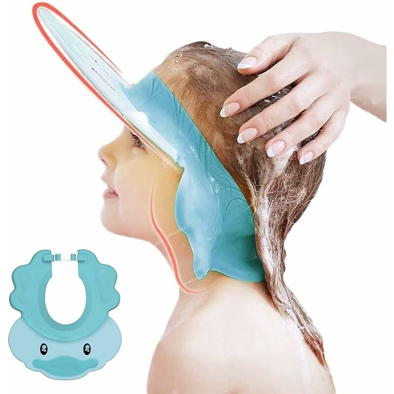 Visiere Bain Enfant, Chapeau Douche Bébé, Bonnet Douche Bébé Réglable avec  Eponge de Bain Protéger Yeux Oreilles des Enfants (Bleu)