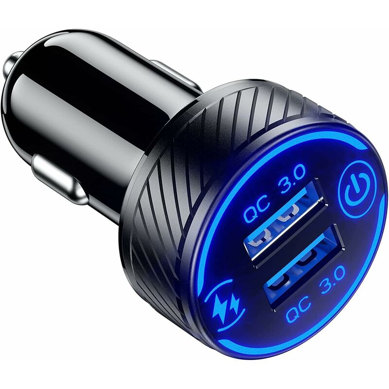 Chargeur de double port QC3.0 USB rapide Chargeur de 36 W/3 A Charge rapide  avec LED bleue et interrupteur tactile pour téléphone 12/11 Pro/Max/8,  Galaxy S21/20/10/9