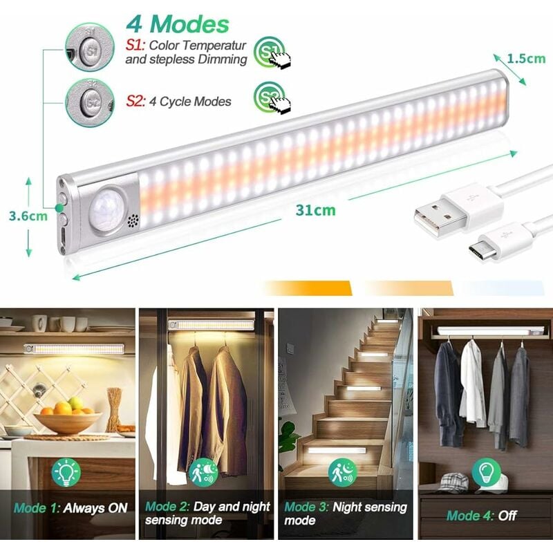 Lampe de Placard 160 LED Sans Fil, Reglette Led Cuisine, Eclairage LED  Cuisine Sous Meuble, Lampe à Détecteur de Mouvement Veilleuse Charge USB  pour Armoire, Escalier, Couloir De Salle Bain 56Vingt