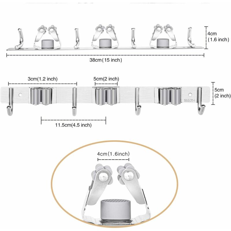 Porte-outils, support mural pour balai, porte-balai avec crochets muraux,  porte-outils de jardin, acier inoxydable 3 supports 4 crochets (gris)