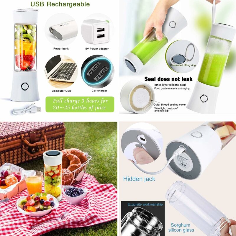 Mini Blender des Smoothies, Mixeur Blender Portable USB, 6 Lames Enduites  de Titane, Base de Moteur