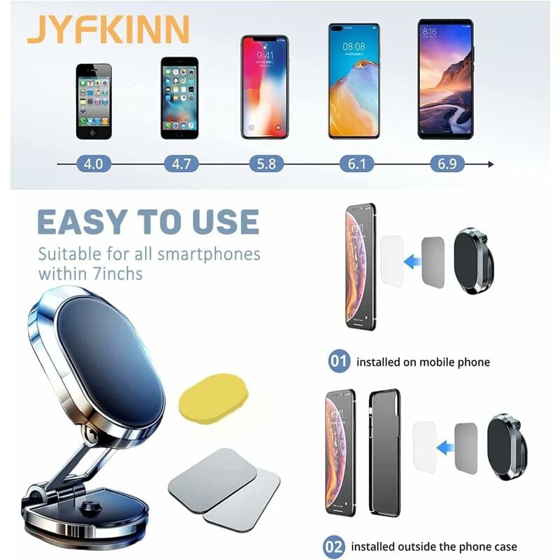 JYFKINN Support Telephone Voiture Magnetique, Rotation à 360° et Repliable  Porte Téléphone Voiture Portable Support Aimant Telephone Voiture Adapté