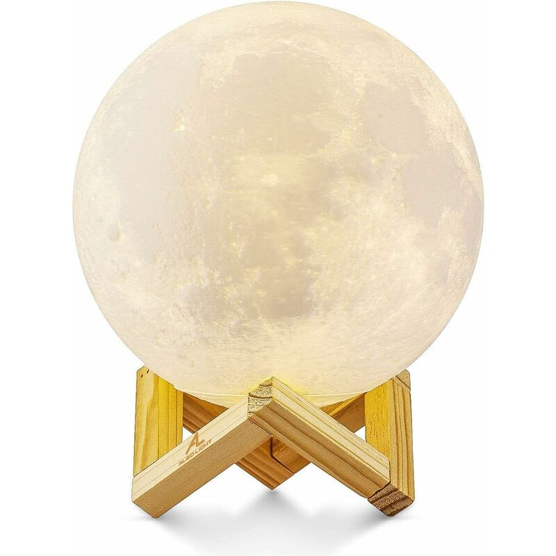 1W 3D Print Moon Lampe USB de charge Touch Control 7-couleur changeant LED  Lumière de nuit économie d'énergie avec support en bois Base, Diamètre: 8cm