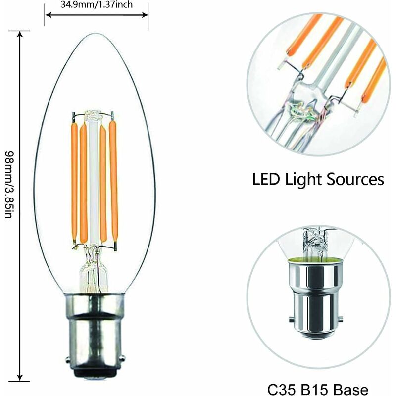 4W C35 B15 Ampoule LED à Filament Non Dimmable Bougie Ampoule 2700K Blanc  Chaud Équivalent 40W Ampoule Incandescence 360 Degrés Angle Lot de  6，T-Audace