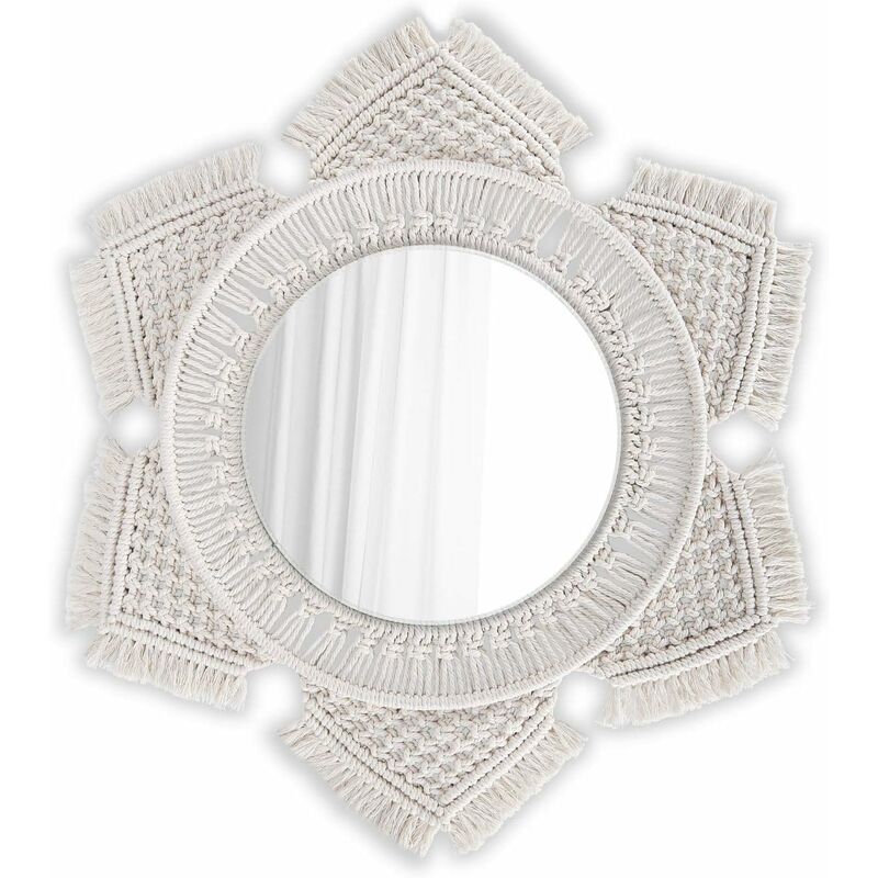 Miroir mural suspendu avec franges en macramé rond Boho Mirror Art Decor  pour appartement salon chambre bébé crèche dortoir entrées 