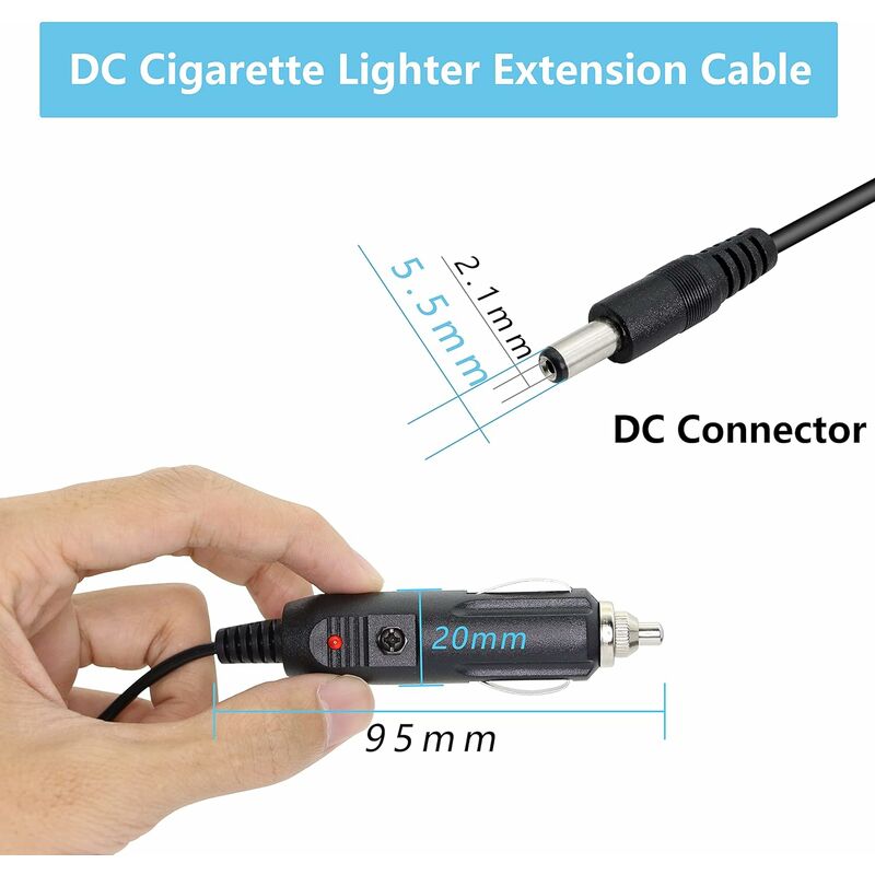 18 AWG 12V Adaptateur d'alimentation pour Allume-Cigare de Voiture - 5,5 x  2,1 mm mâle vers DC Femelle Câble d'extension pour caméra,  vidéosurveillance, réfrigérateur de Voiture (0,6 m)