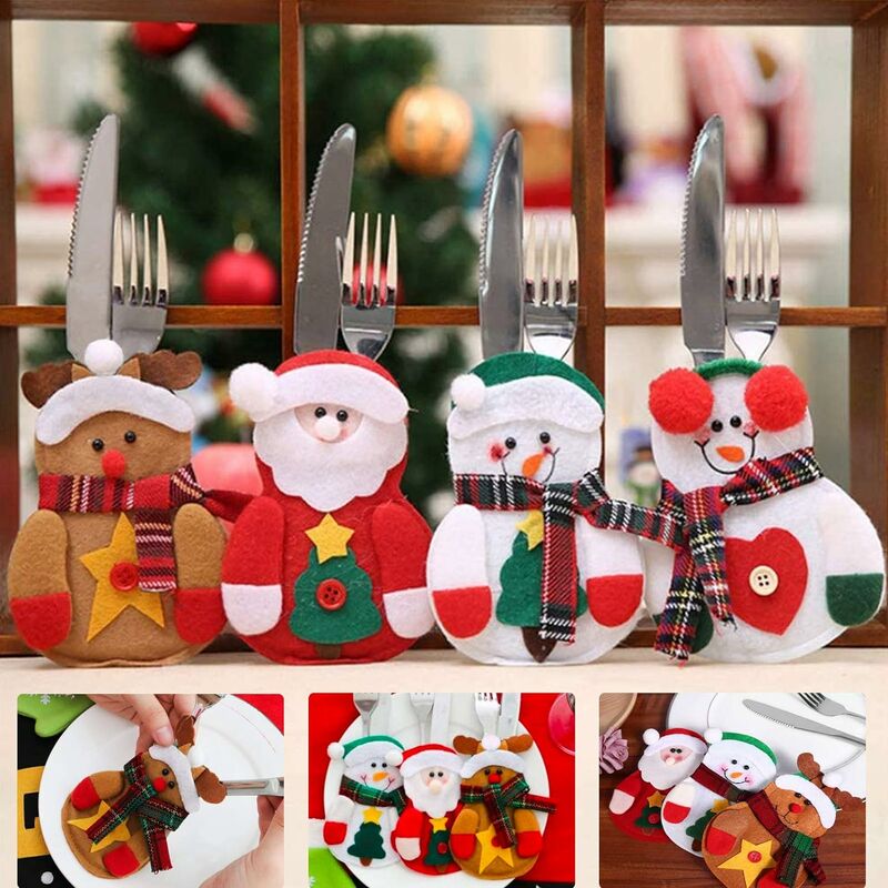 Porte Couverts de Noël, 8 Pièces Sac à Couverts en Feutre Sapin de Noël  Paniers à Couvert Decoration de Table Noël, Rouge Vert Couteaux Fourchettes  Cuillères Vaisselle Sacs à Couverts de Dîner