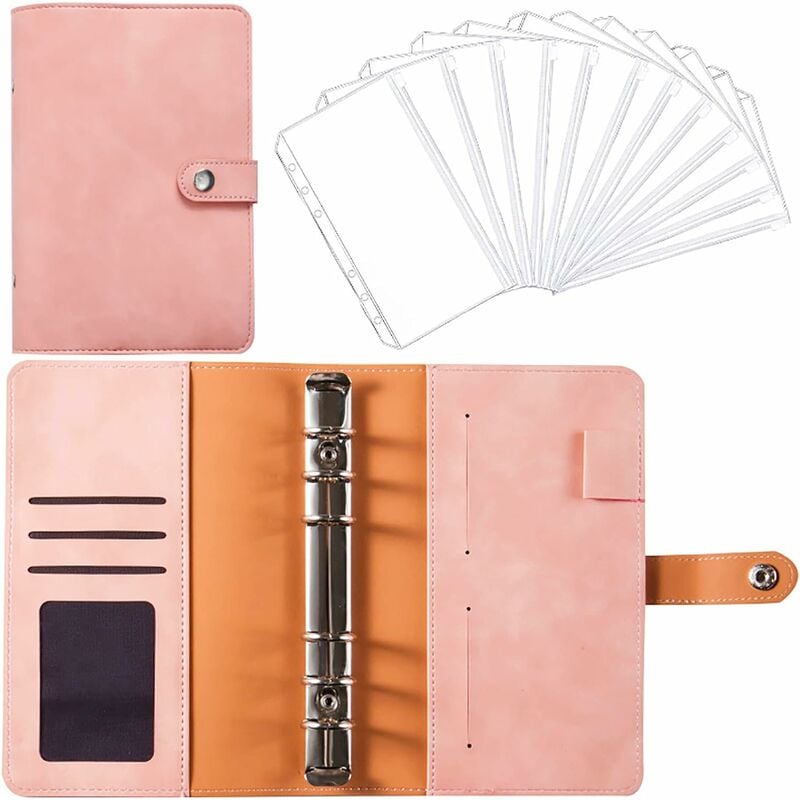 Portfolio A6 en PU Cuir Classeur A6 Anneaux Porte Documents avec 12  Feuilles de Budget 12 Pochettes Transparentes Zippées