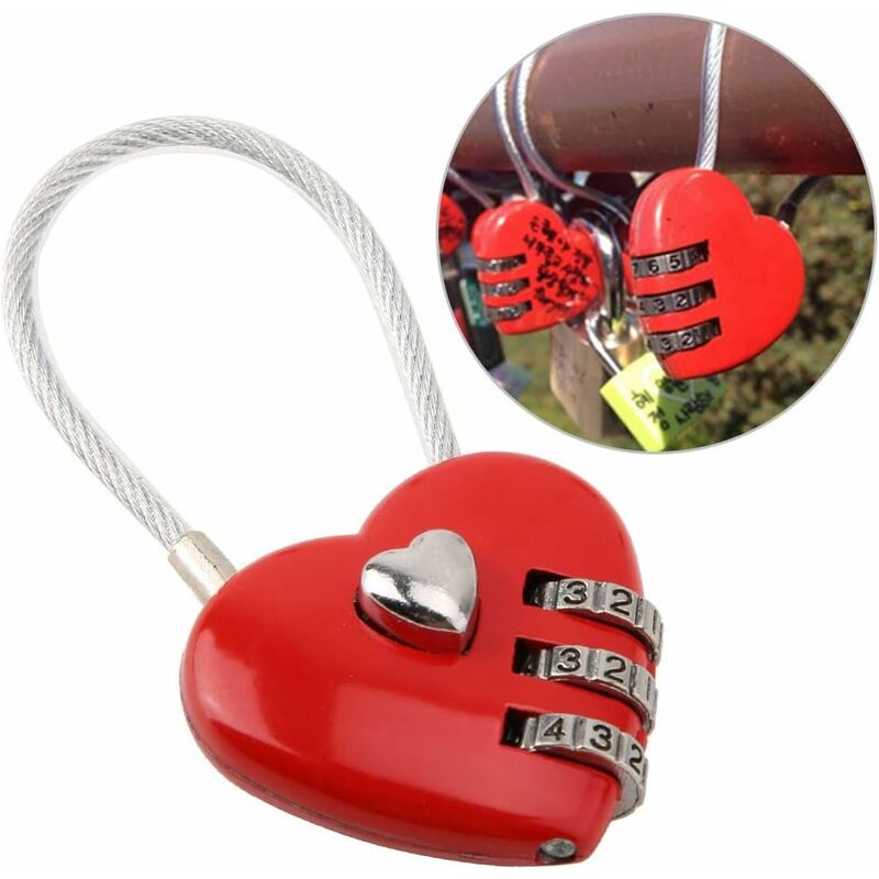 QUETO Cadenas en forme de coeur, serrure à code mini à 3 chiffres, avec  câble métallique