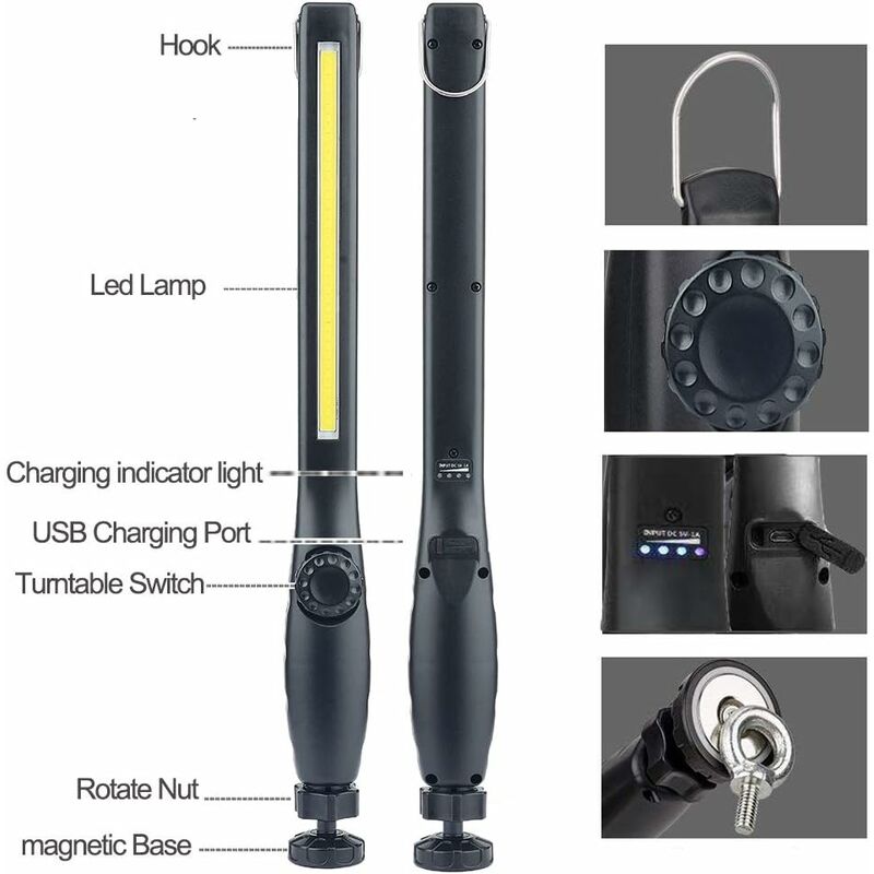 Lampe torche LED rotative à 360 degrés, alimentée par technologie COB,  Rechargeable par USB, idéale pour