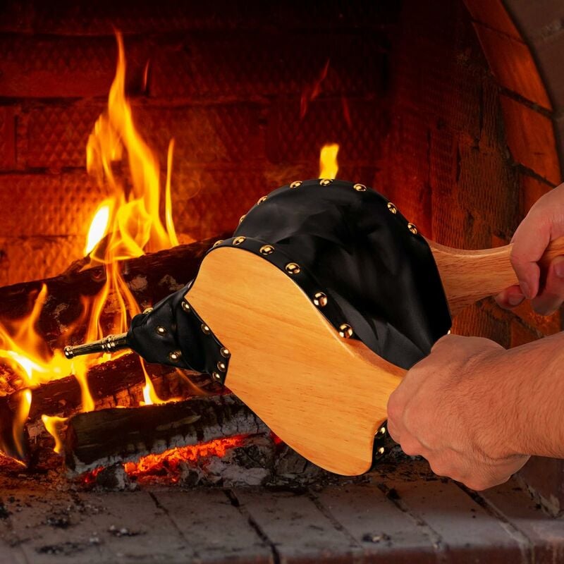 soufflet de cheminée, souffleur d'air manuel portatif en bois, cuir  synthétique résistant à la chaleur, idéal pour les cheminées