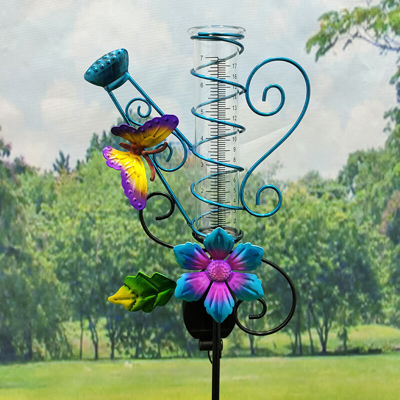 Pluviomètre papillon en verre avec piquet en fer pour jardin