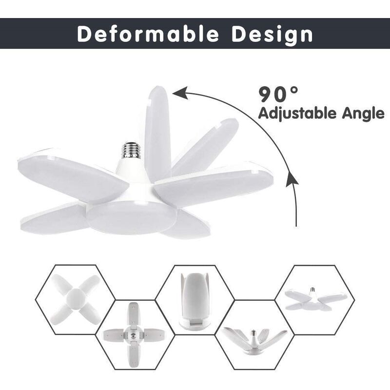 Éclairage Garage, 60W Led Garage E27 E26 Lampe Atelier Déformable à 4  Panneaux Ajustables Super Brillant Plafonnier LED pour Garage,Entrepôt, Atelier,Sous-sol,Cuisine [Classe énergétique F]Blanc Froid 