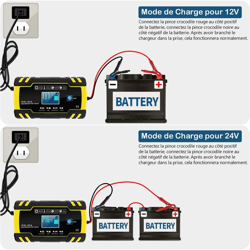 Chargeur de Batterie Intelligent 12V/24V 8A, 3 Étapes de Chargeur