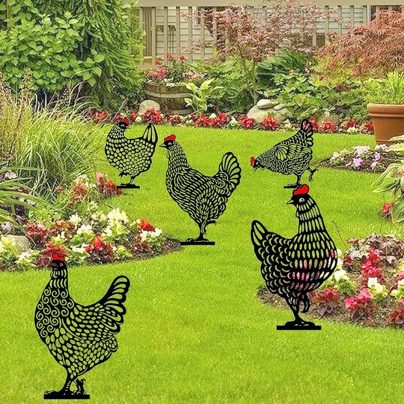 5PCS Art de cour de poulet en métal, silhouette de jardin de coq