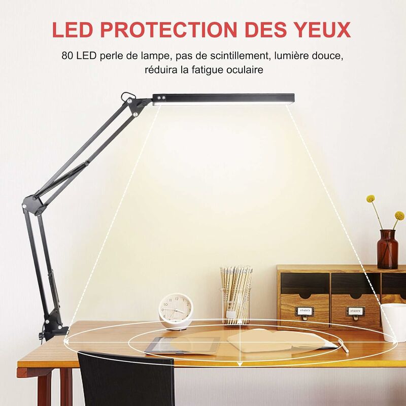 Lampe de Bureau à LED, Lampe D'architecte de Bras Pivotante à Double  Lumière avec Pince