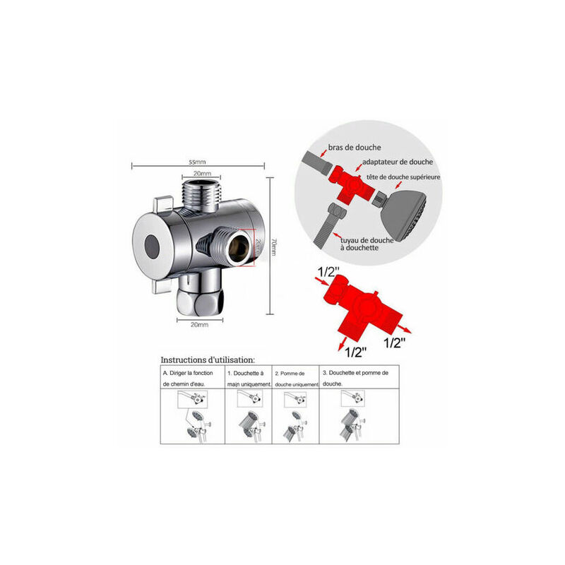 1/2 Adaptateur De Déviation De Douche En T à 3 Voies, Robinet De Déviation  Monté Sur Le Bras De La Pomme De Douche De La Baignoire