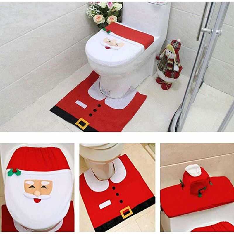 Ensemble de 3 pièces Toilette Siège Housse Réservoir d'eau Couverture Tapis  Salle de bain Décor Set Père Noël