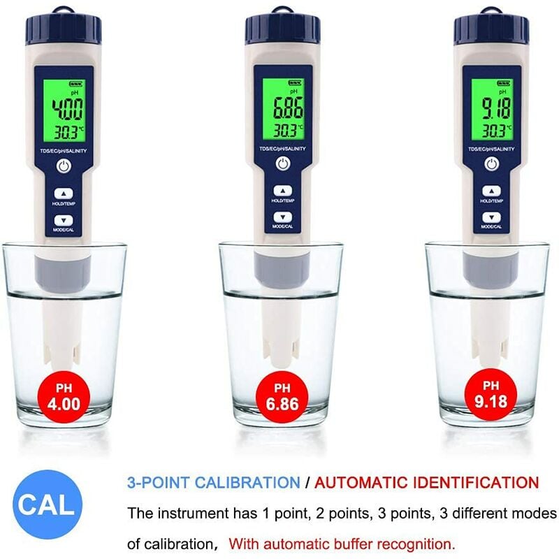 Testeur de pH Numérique 3 en 1 Testeur de pH EC TDS pH Mètre Electronique  avec Rétroéclairée Testeur de Qualité de l'eau IP67 étanche 3 Points de  Automatique de pH(ATC) : 