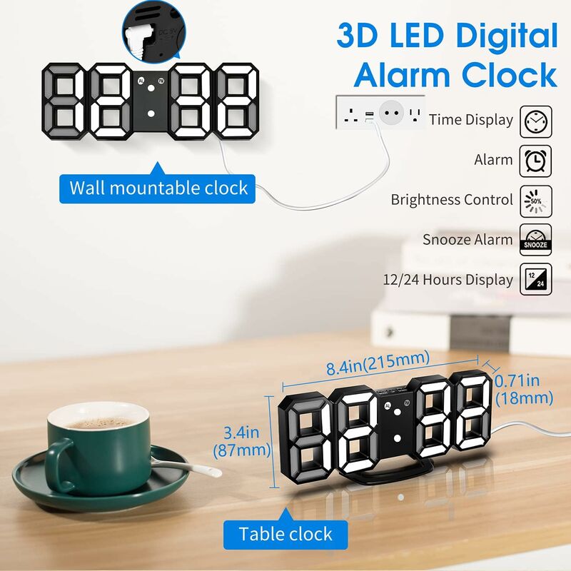 Réveille-Matin 3D LED Digital, Horloge Murale, Horloge numérique