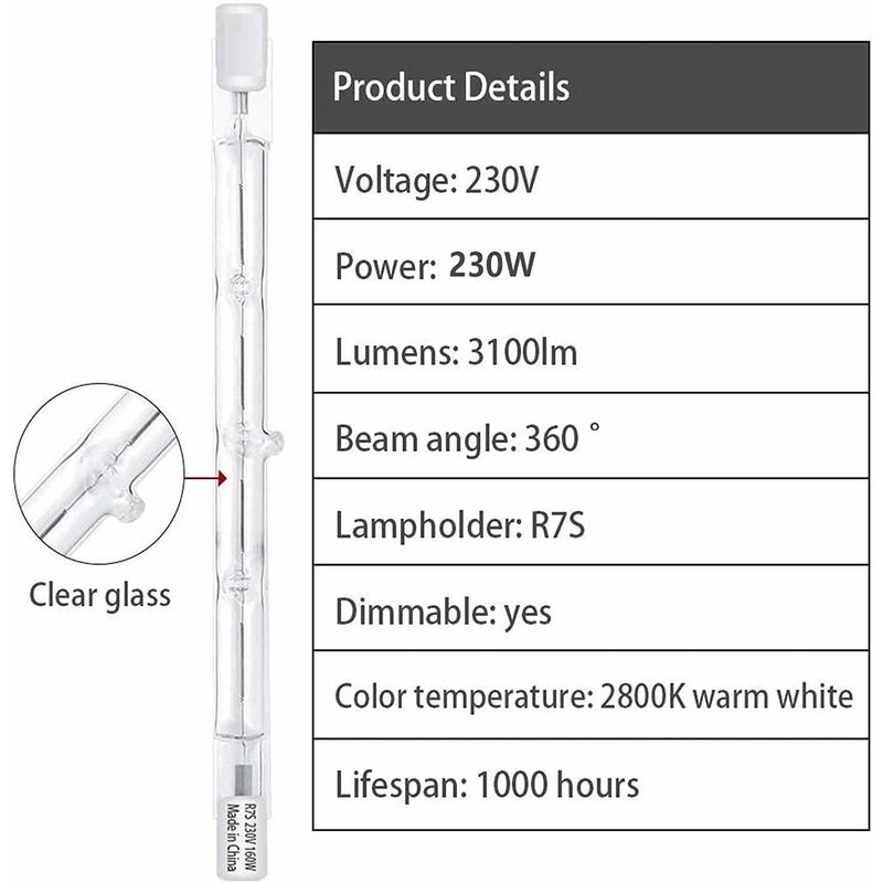 Lot de 10 R7S Ampoule Halogène 118mm 230W 230V, Tige Halogène R7S 118mm,  Ampoule Halogène r7s Lampe Tige Halogène Dimmable pour Spot de Bâtiment,  Eclairage Paysage de Travail, Eclairage Salon [Classe