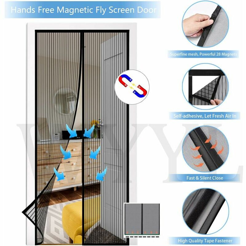 Magnet Fly Screen Door Insect Protection, Installation Magnétique De Rideau  Adhésif Sans Perçage, Fermeture Magnétique De Moustiquaire, Plein Cadre