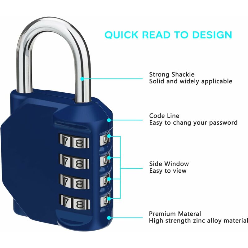 Cadenas code casier, 4 chiffre Cadenas à combinaison cadenas casier pour  vestiaire sport, scolaire, college,[S93]