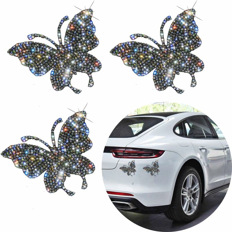 Autocollants de voiture en cristal 3 pièces, Autocollant de voiture strass  cristal papillon Bling, Bling Butterfly Décorations de voiture Accessoires  en strass pour voitures Bumper Window.（57cm）——Adél