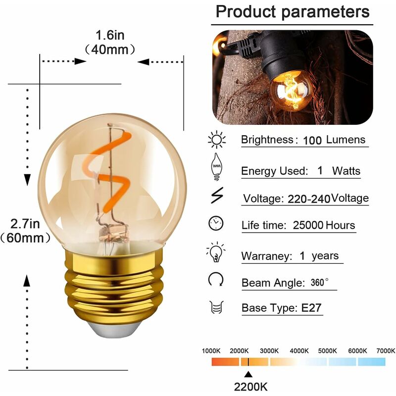 Ampoule led Filament E27 Spécial Lanterne Solaire - 3V - 2700K Ambrée –