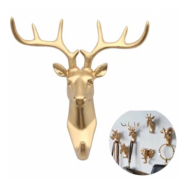 PATERE,Style D Gold--Patère adhésive en forme de tête de cerf pour manteau,  support mural en résine, motif Animal, porte clé en bois