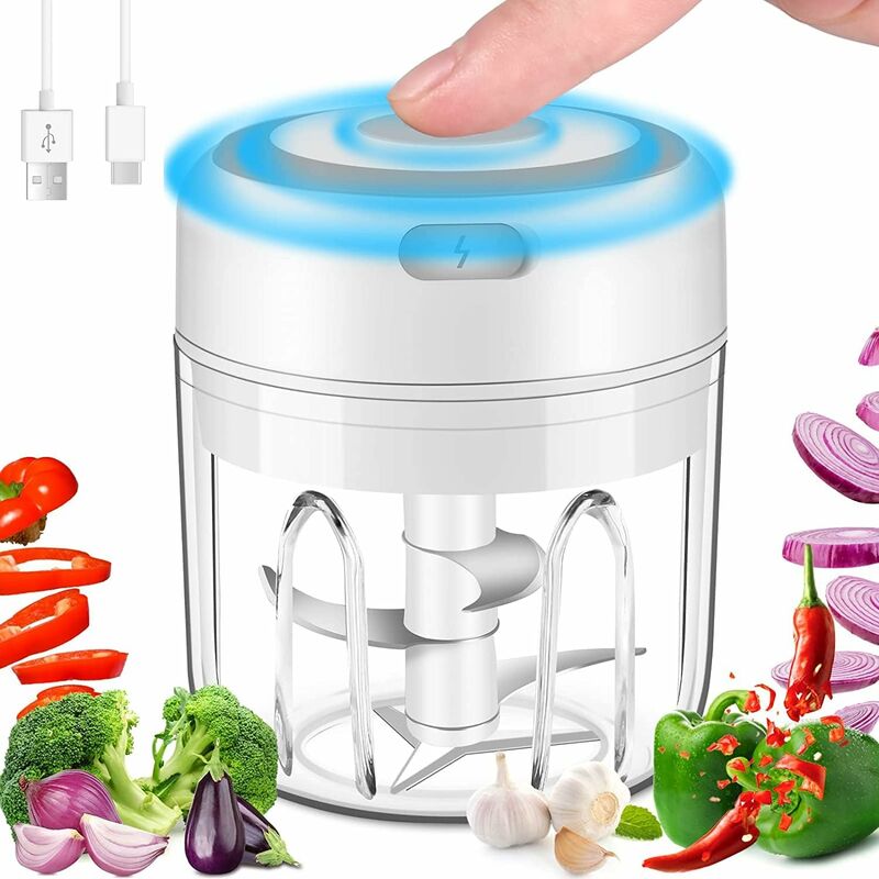 Mini hachoir électrique sans BPA, robot culinaire portable rechargeable par  USB pour oignon, piment, herbes, ail, petite lame sans fil à 3 couches,  hachoir à viande, légumes, fruits, 100 ml 