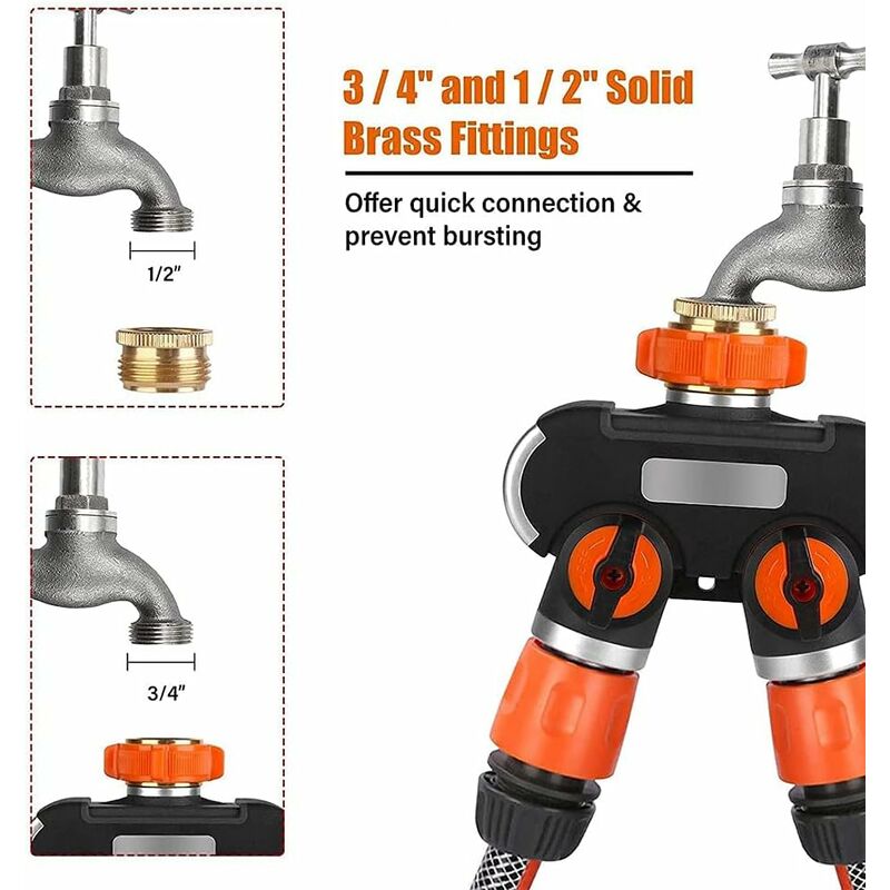 Tuyau D'arrosage Splitter,Séparateur de Tuyau à 2 Voies et 4 bagues  d'étanchéité,Splitter de Tuyau D'arrosage avec 2 Adaptateur Fileté Mâlepour