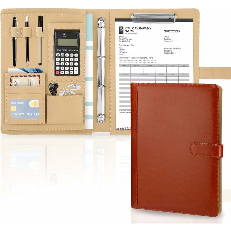 Porte document A4 pour bureau agenda d'affaires en cuir avec calculatrice -  noir