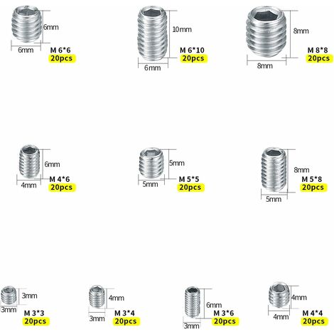 200 Pièces Vis Sans Tête en Acier Inox, M3 M4 M5 M6 M8 Vis à Métaux, Assortiment Kit de Fixations Vis Pointeau