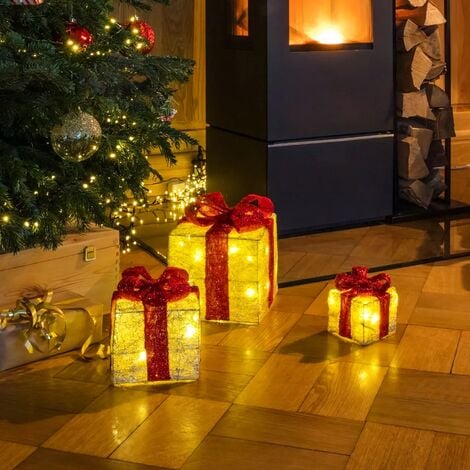 Coffret cadeau LED avec minuterie Lot de 3 - Rouge - Décoration de Noël  Coffret Blanc Chaud Illuminé