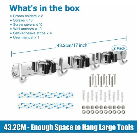 Accroche Balai Mural, IBELL Porte Balai Mural avec 5 Emplacements et 4  Crochets, Support Cintre de Rangement en Acier Inoxydable pour Cuisine  Jardin Garage (Vis et Ruban Adhésif inclus) : : Cuisine