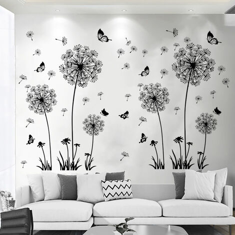 2 pièces stickers muraux noirs pissenlits pour la décoration murale, XXL  grandes fleurs de pissenlit plantes