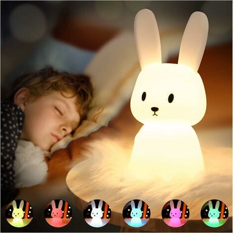 Veilleuse Bebe Bunny Avec 7 Changements de Lumière Contrôle de tapRecharge  USB Fonction Minuterie Lampe de